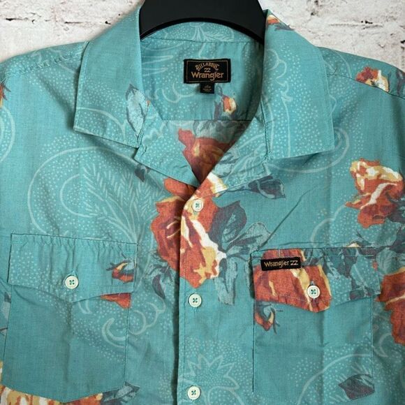 Billabong x Wrangler Blossom Short Sleeve Button Down Shirt Teal Tropical Beach - Picture 2 of 5